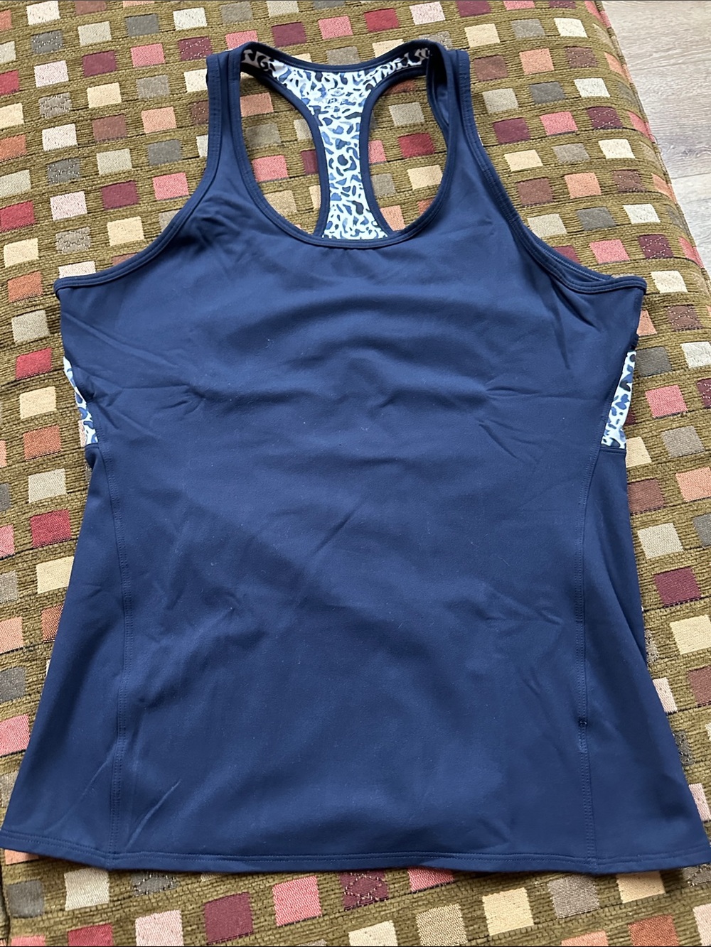 Athleta Navy Racerback Tank Leopard Trim